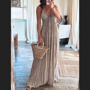 Commense Medium Tan Backless U Neck Halter Strap Maxi Dress NEW NWT Vacation